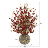 30” Cherry Blossom Artificial Arrangement in Stoneware Vase with Gold Trimming