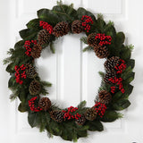 30” Magnolia Leaf, Berry, Pine and Pine Cone Artificial Wreath