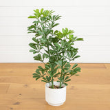 31” UV Resistant Artificial Schefflera Tree in White Decorative Planter (Indoor/Outdoor)