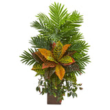 32” Areca Palm and Croton Artificial Plant in Weathered Vase