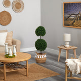 3.5’ Boxwood Double Ball Topiary Tree in Boho Chic Handmade Natural Planter UV Resistant