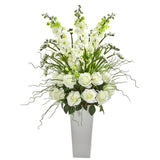 35” Delphinium and Rose Arrangement in White Planter