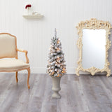 3.5’ Flocked Pencil Artificial Christmas Tree with 50 Clear Lights and 132 Bendable Branches in Sand Colored Urn
