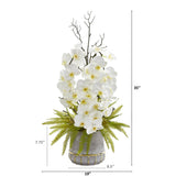 35” Phalaenopsis Orchid and Fern Artificial Arrangement in Stoneware Vase with Gold Trimming