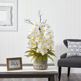 35” Phalaenopsis Orchid and Fern Artificial Arrangement in Stoneware Vase with Gold Trimming