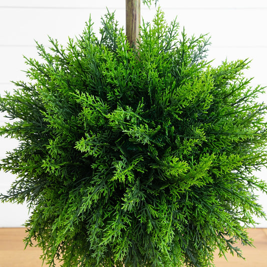 3.5’ UV Resistant Artificial Cedar Double Ball Topiary Tree in White Decorative Planter