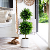 3.5’ UV Resistant Artificial Cedar Double Ball Topiary Tree in White Decorative Planter