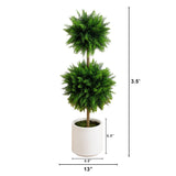 3.5’ UV Resistant Artificial Cedar Double Ball Topiary Tree in White Decorative Planter
