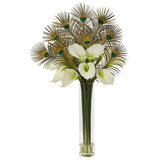 36” Peacock and Calla Lily Artificial Arrangement in Cylinder Glass