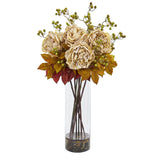 36” Peony and Berries Artificial Arrangement in Large Cylinder Vase