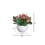 4” Artificial Mini Hydrangea Plant in White Decorative Oval Planter - Set of 4