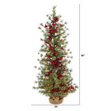 4’ Berry and Pine Artificial Christmas Tree with 100 Warm White Lights and Burlap Wrapped Base