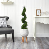4’ Cypress Spiral Topiary Artificial Tree in White Planter with Stand