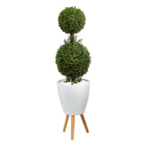 4’ Double Boxwood Topiary Artificial Tree in White Planter with Stand (Indoor/Outdoor)
