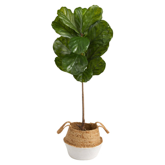 4’ Fiddle Leaf Tree in Boho Chic Handmade Cotton & Jute White Woven Planter UV Resistant