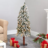 4’ Flocked Grand Alpine Artificial Christmas Tree with 100 Lights and 361 Branches on Natural Trunk