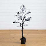 4' Pre-Lit Artificial Halloween Black Spooky Twig Tree with Bats and 120 Orange & Purple LED Lights