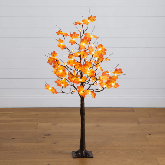 4' Pre-Lit Minimalist Autumn Maple Artificial Fall Tree with 56 LED Warm White & Orange Pumpkin Shaped Lights