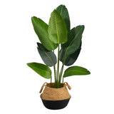 4’ Traveler's Palm Artificial Tree in Boho Chic Handmade Cotton & Jute Black Woven Planter
