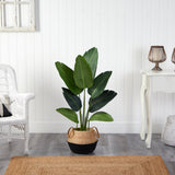 4’ Traveler's Palm Artificial Tree in Boho Chic Handmade Cotton & Jute Black Woven Planter