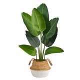 4’ Traveler's Palm Artificial Tree in Boho Chic Handmade Cotton & Jute White Woven Planter