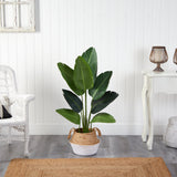 4’ Traveler's Palm Artificial Tree in Boho Chic Handmade Cotton & Jute White Woven Planter