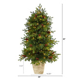 4’ Yukon Mountain Fir Artificial Christmas Tree with 100 Clear Lights, Pine Cones and 386 Bendable Branches in Country White Planter