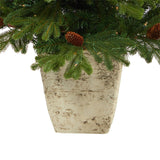4’ Yukon Mountain Fir Artificial Christmas Tree with 100 Clear Lights, Pine Cones and 386 Bendable Branches in Country White Planter