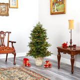 4’ Yukon Mountain Fir Artificial Christmas Tree with 100 Clear Lights, Pine Cones and 386 Bendable Branches in Country White Planter