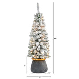 40” Flocked Pencil Artificial Christmas Tree with 50 Clear Lights and 132 Bendable Branches in Planter with Brass Trimming