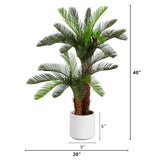 40" UV Resistant Artificial Double Cycas Palm Tree in White Decorative Planter (Indoor/Outdoor)