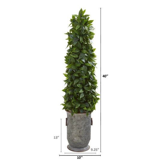 40” Sweet Bay Cone Topiary Artificial Tree  in Vintage Metal Planter