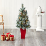 44” Frosted Tip British Columbia Mountain Pine Artificial Christmas Tree in Red Tower Planter