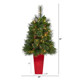44” Golden Tip Washington Pine Artificial Christmas Tree with 50 Clear Lights, Pine Cones and 148 Bendable Branches in Red Tower Planter