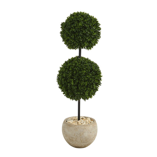 45” Boxwood Double Ball Artificial Topiary Tree in Sand Colored Planter (Indoor/Outdoor)