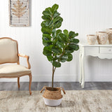 4.5’ Fiddle Leaf Fig Artificial Tree with Boho Chic Handmade Cotton & Jute White Woven Planter
