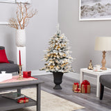 4.5’ Flocked Livingston Fir Artificial Christmas Tree with Pine Cones and 150 Clear Warm LED Lights in Charcoal Urn