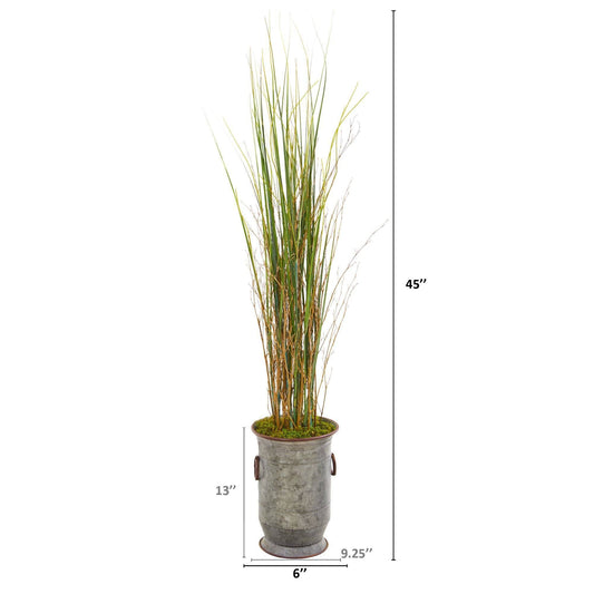45” Grass and Bamboo Artificial Plant in Vintage Metal Planter