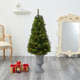 4.5’ Green Valley Pine Artificial Christmas Tree with 100 Warm White LED Lights and 201 Bendable Branches in Decorative Urn