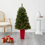 4.5’ Virginia Fir Artificial Christmas Tree with 100 Clear Lights and 223 Bendable Branches in Red Planter