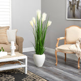 4.5’ Wheat Plum Grass Artificial Plant in White Planter