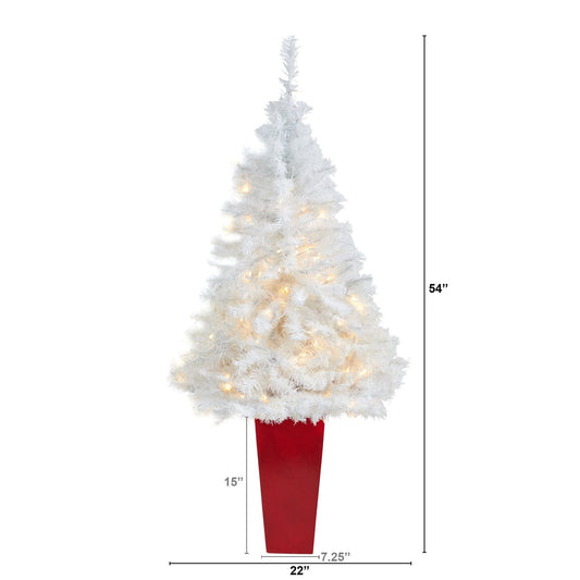 4.5' White Artificial Christmas Tree with 100 Clear LED Lights in Red Planter