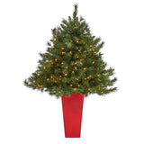 4.5’ Wyoming Mixed Pine Artificial Christmas Tree with 250 Clear Lights and 462 Bendable Branches in Red Tower Planter