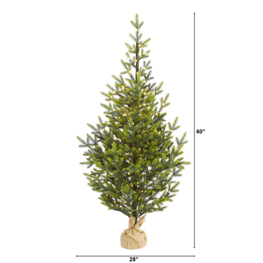 5’ Fraser Fir “Natural Look” Artificial Christmas Tree with 200 Clear LED Lights, a Burlap Base and 853 Bendable Branches