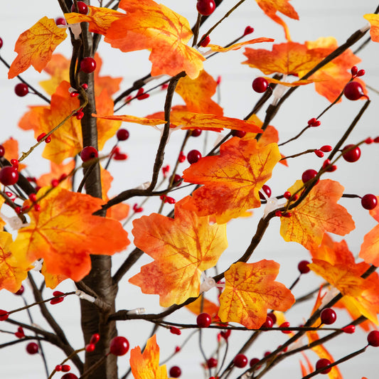 5' Pre-Lit Autumn Maple Artificial Fall Tree with Berries and 96 Warm White LED Lights