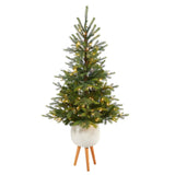 5’ North Carolina Spruce Artificial Christmas Tree with 100 Clear Lights and 207 Bendable Branches in White Planter with Stand