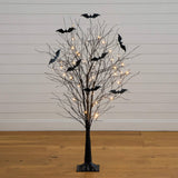 5' Pre-Lit Artificial Halloween Black Twig Tree with Bats and 50 Warm White LED Lights