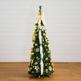 5' Pre-Lit Artificial Pop up Christmas Tree with Gold & Silver Ornaments, Ribbons and 100 Warm White LED Lights
