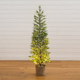 5’ Pre-Lit Artificial Snowed Cypress Christmas Tree with 140 LED Lights in Hyacinth Basket