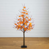5' Pre-Lit Autumn Maple Artificial Fall Tree with Berries and 96 Warm White LED Lights